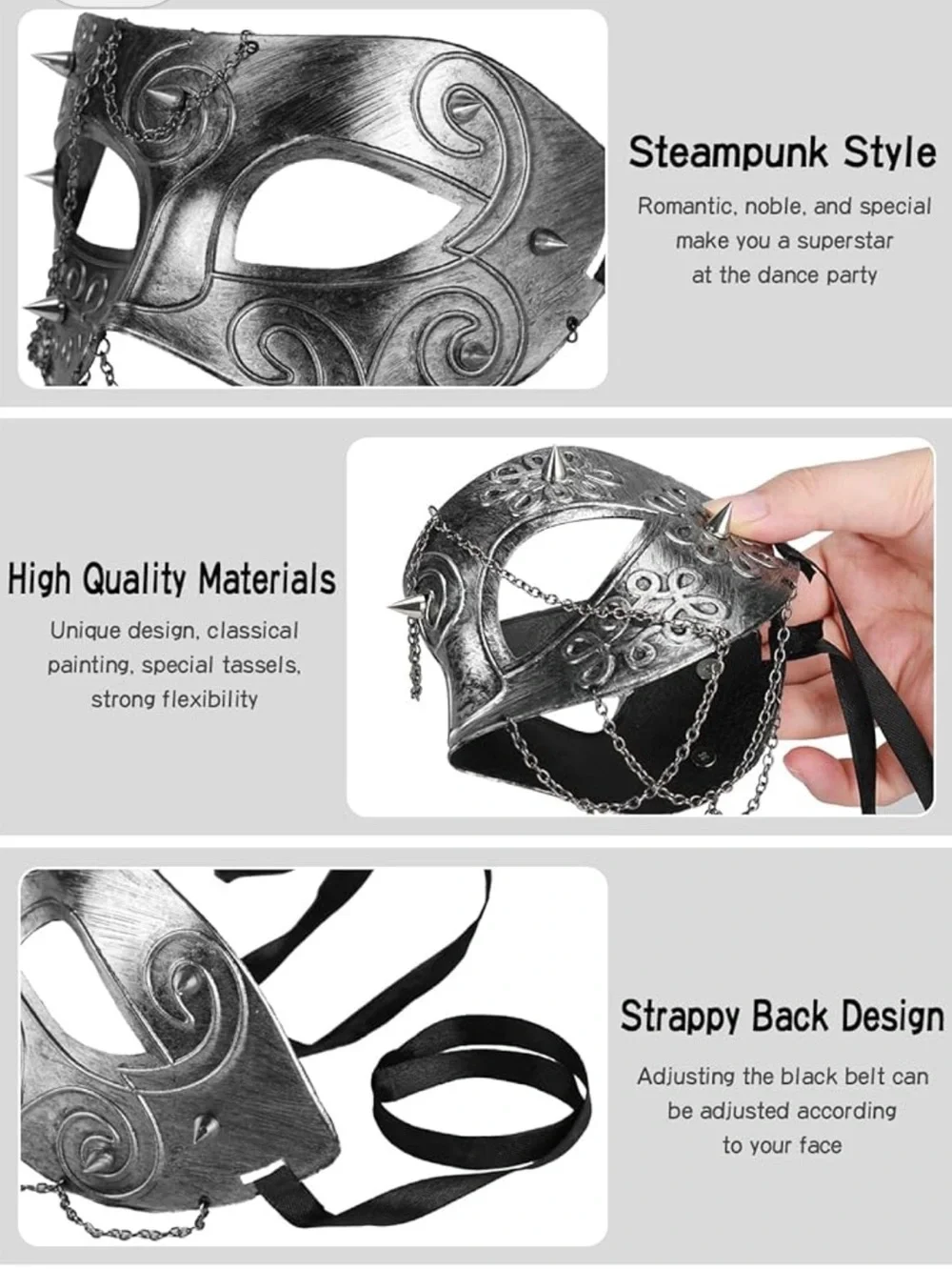 NWT Metallic Masquerade Cosplay Phantom Face Mask with Black Hood